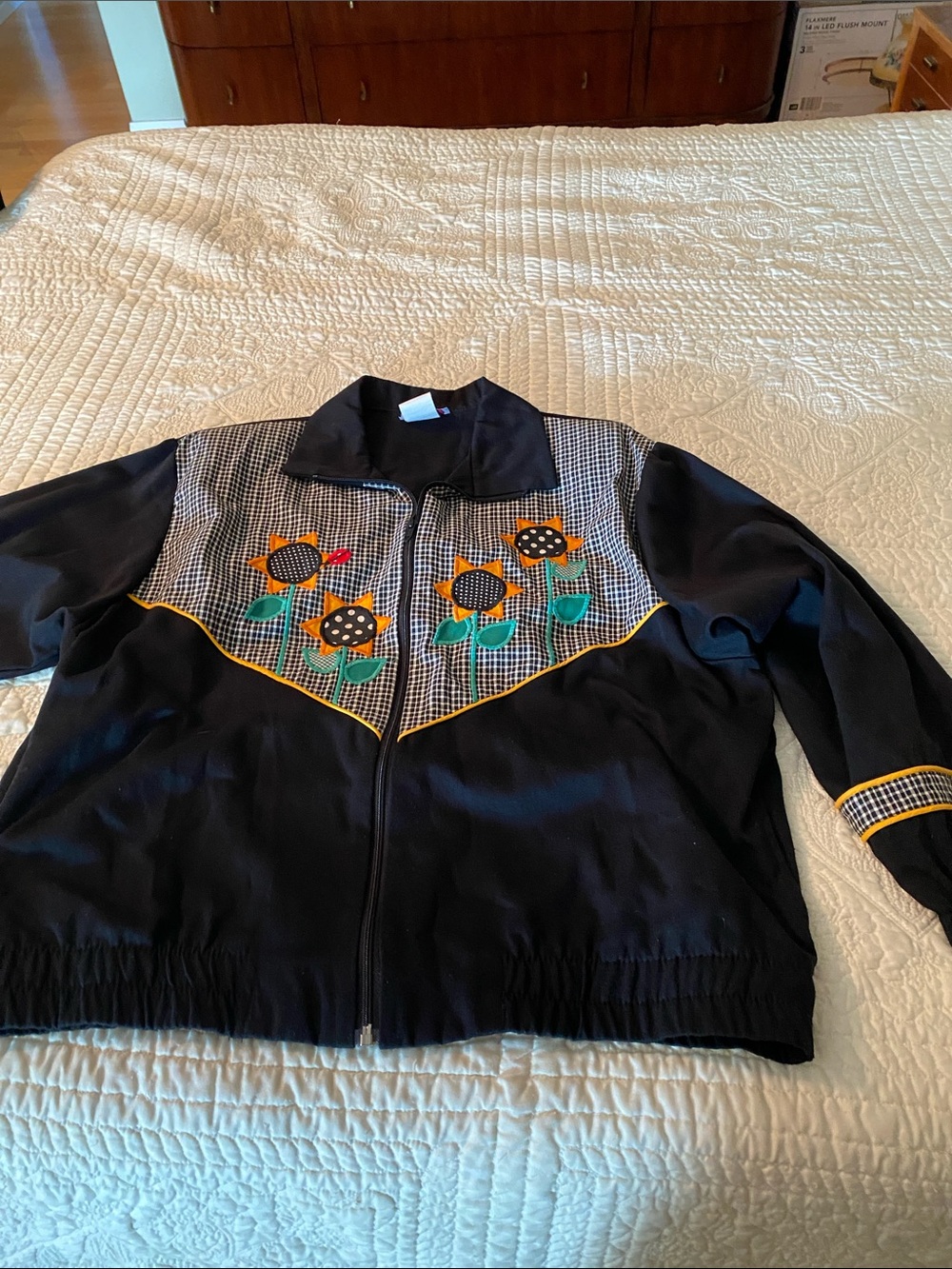 Black Bomber Jacket with Sunflower Appliqué